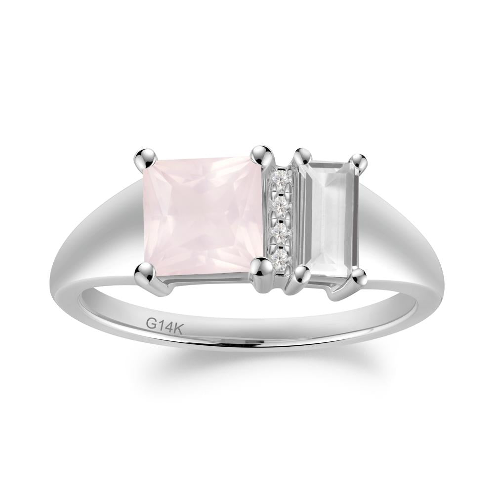 Dual Stone Rose Quartz and White Topaz Baguette Square Ring - LUO Jewelry #metal_14k white gold