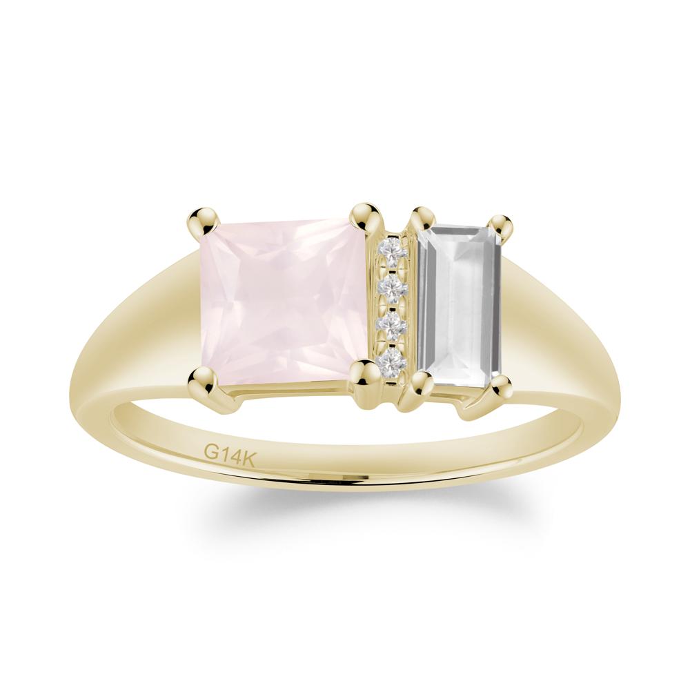 Dual Stone Rose Quartz and White Topaz Baguette Square Ring - LUO Jewelry #metal_14k yellow gold