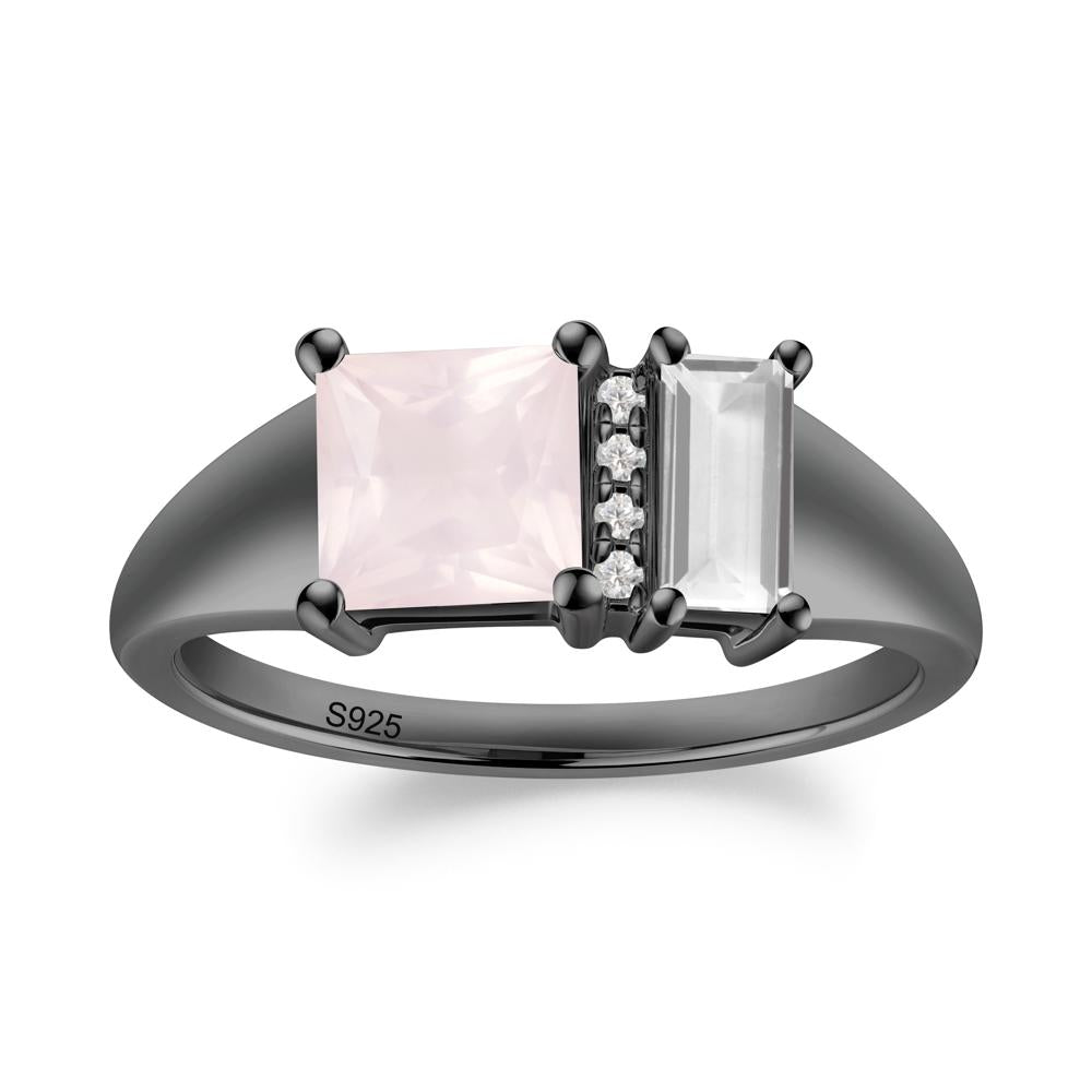 Dual Stone Rose Quartz and White Topaz Baguette Square Ring - LUO Jewelry #metal_black finish sterling silver