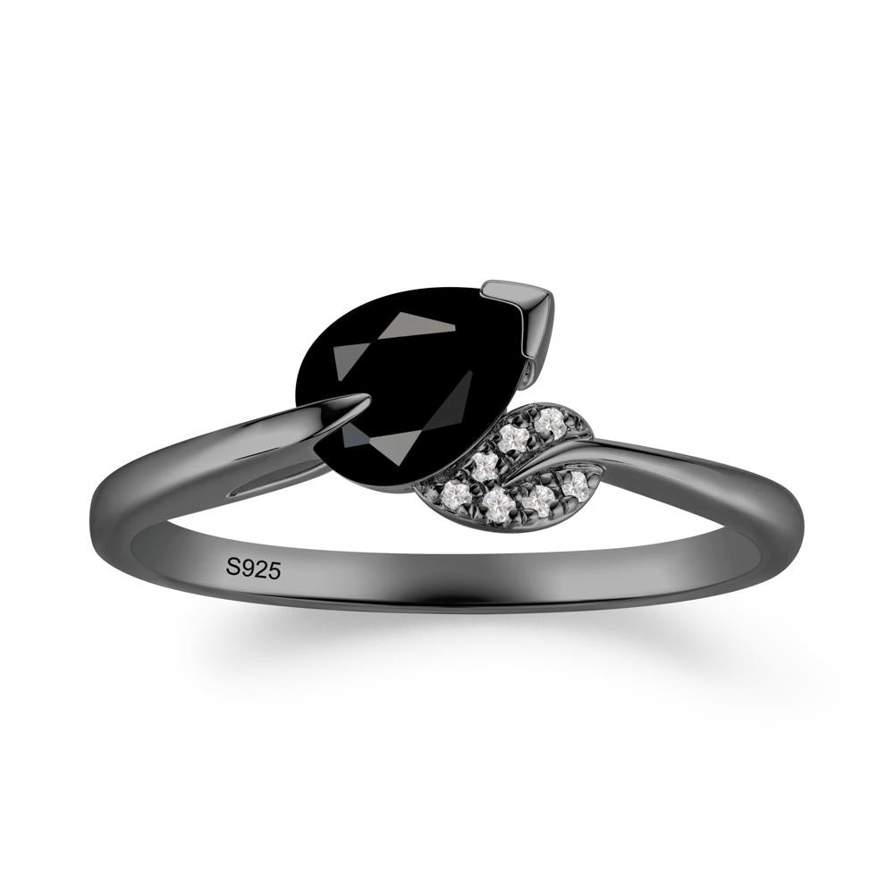 Nature Leaf Pear Cut Black Spinel Ring - LUO Jewelry #metal_black finish sterling silver