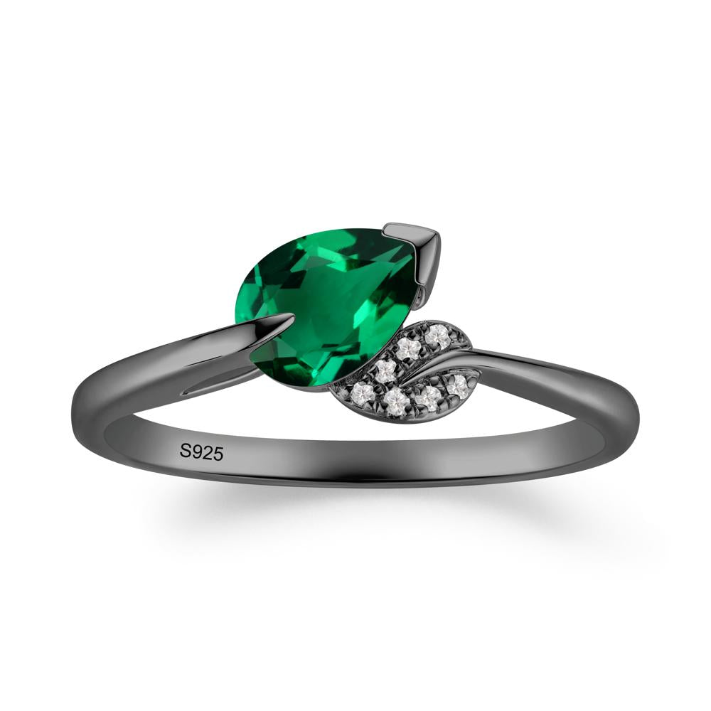 Nature Leaf Pear Cut Emerald Ring - LUO Jewelry #metal_black finish sterling silver