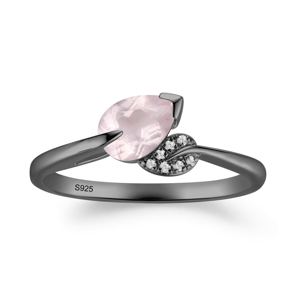 Nature Leaf Pear Cut Rose Quartz Ring - LUO Jewelry #metal_black finish sterling silver