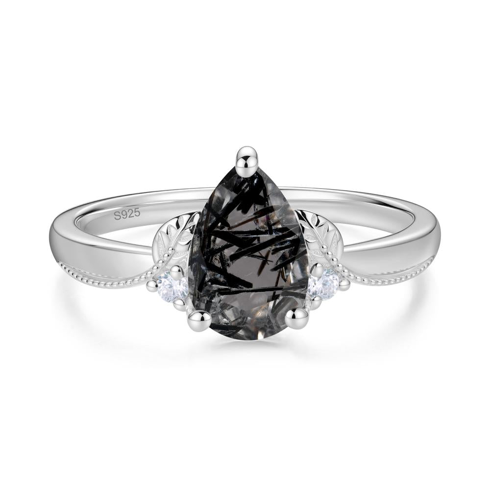 Vintage Pear Cut London Blue Topaz Leaf Ring Set - LUO Jewelry #gemstone_Black Rutilated Quartz