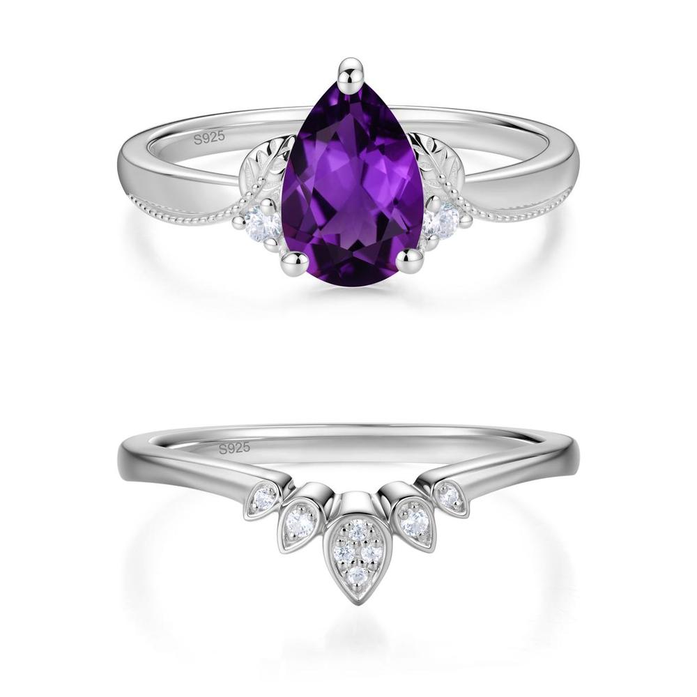 Vintage Pear Cut London Blue Topaz Leaf Ring Set - LUO Jewelry #gemstone_Amethyst