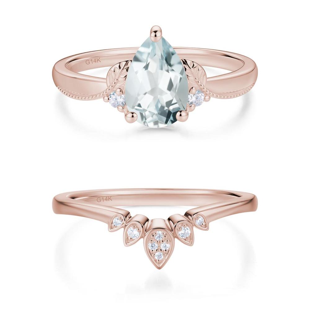 Vintage Pear Cut London Blue Topaz Leaf Ring Set - LUO Jewelry #gemstone_Aquamarine