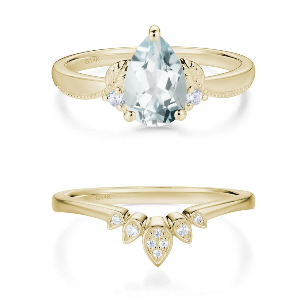 Vintage Pear Cut London Blue Topaz Leaf Ring Set - LUO Jewelry #gemstone_Aquamarine
