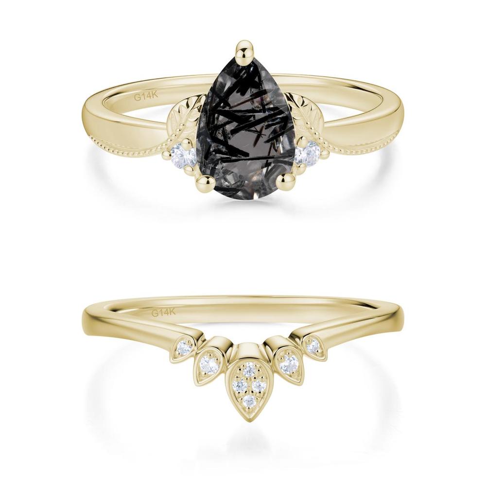 Vintage Pear Cut London Blue Topaz Leaf Ring Set - LUO Jewelry #gemstone_Black Rutilated Quartz