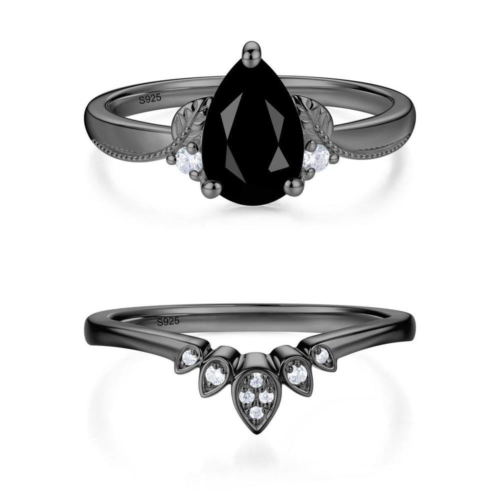 Vintage Pear Cut London Blue Topaz Leaf Ring Set - LUO Jewelry #gemstone_Black Spinel