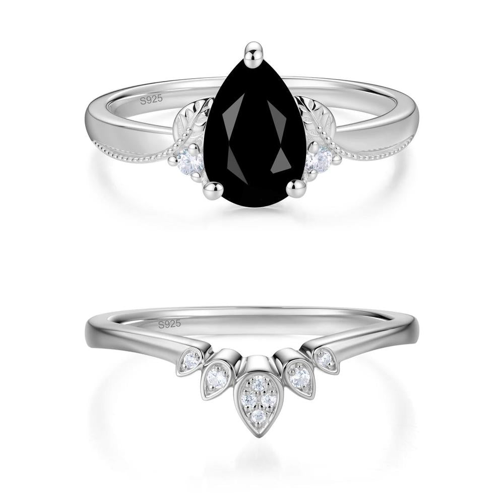 Vintage Pear Cut London Blue Topaz Leaf Ring Set - LUO Jewelry #gemstone_Black Spinel
