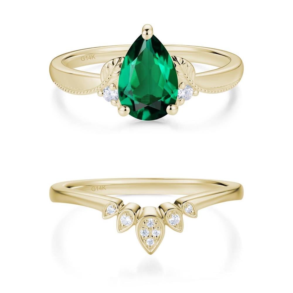 Vintage Pear Cut London Blue Topaz Leaf Ring Set - LUO Jewelry #gemstone_Emerald
