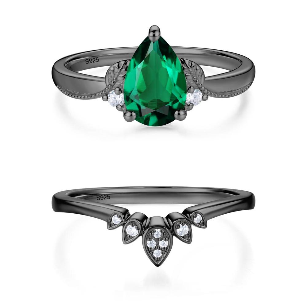 Vintage Pear Cut London Blue Topaz Leaf Ring Set - LUO Jewelry #gemstone_Emerald
