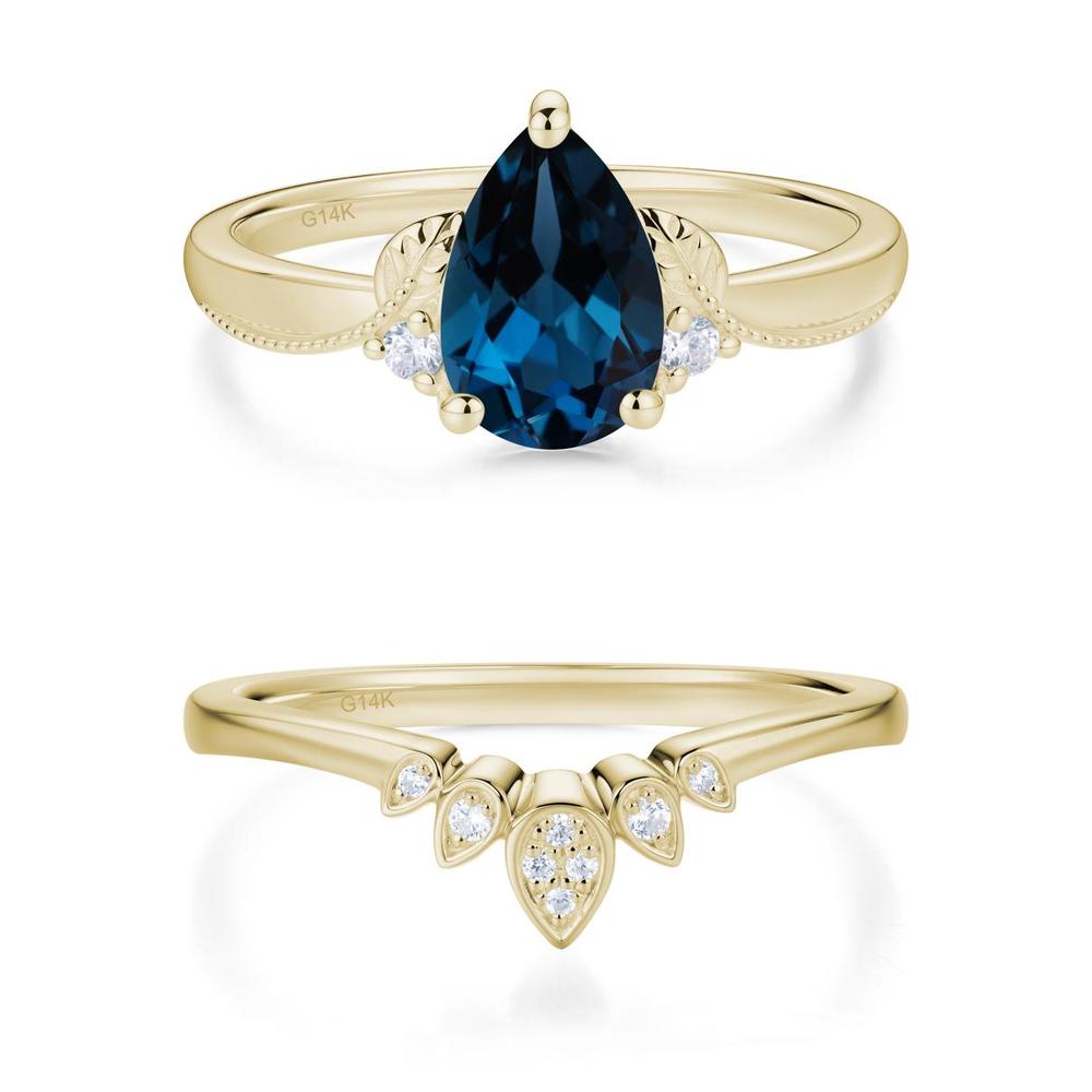 Vintage Pear Cut London Blue Topaz Leaf Ring Set - LUO Jewelry #gemstone_London Blue Topaz