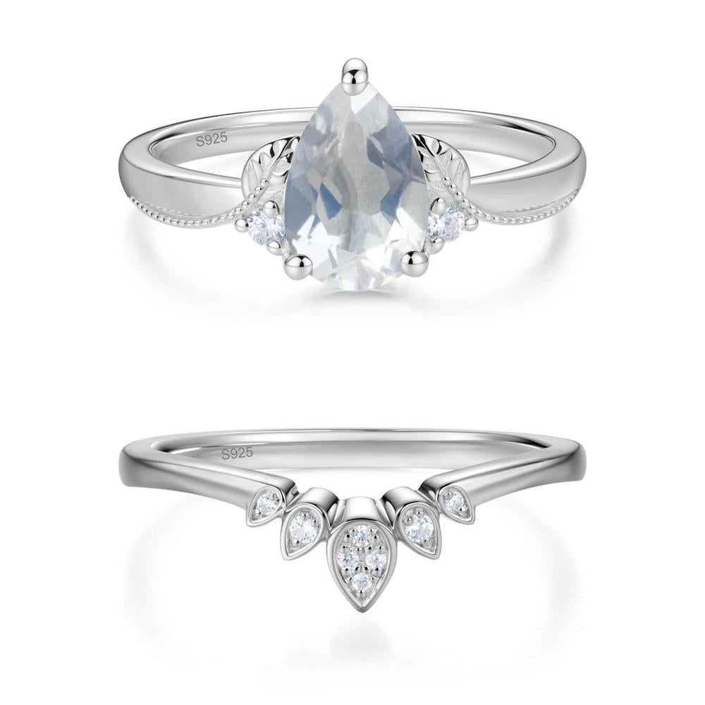 Vintage Pear Cut London Blue Topaz Leaf Ring Set - LUO Jewelry #gemstone_Moonstone