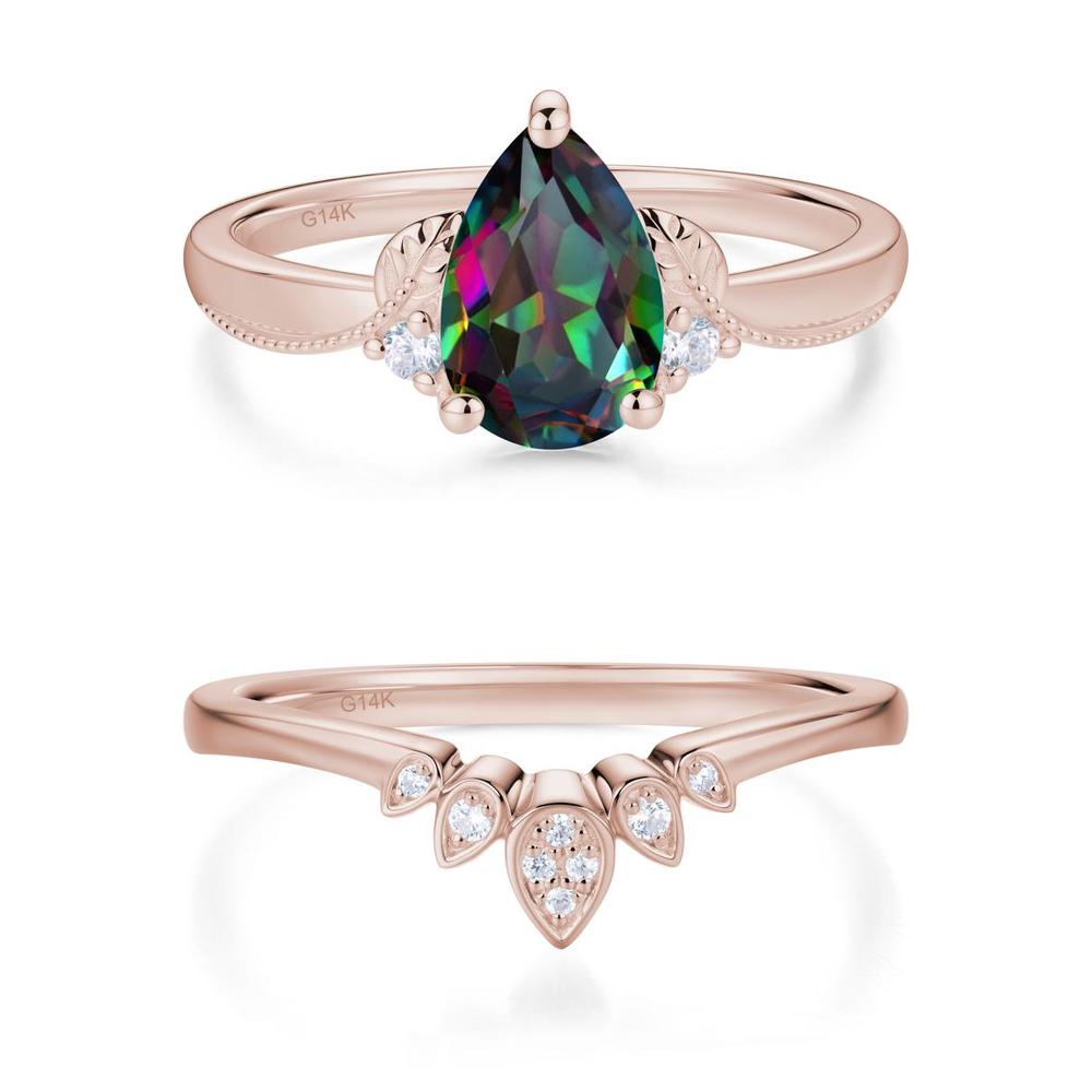 Vintage Pear Cut London Blue Topaz Leaf Ring Set - LUO Jewelry #gemstone_Mystic Topaz