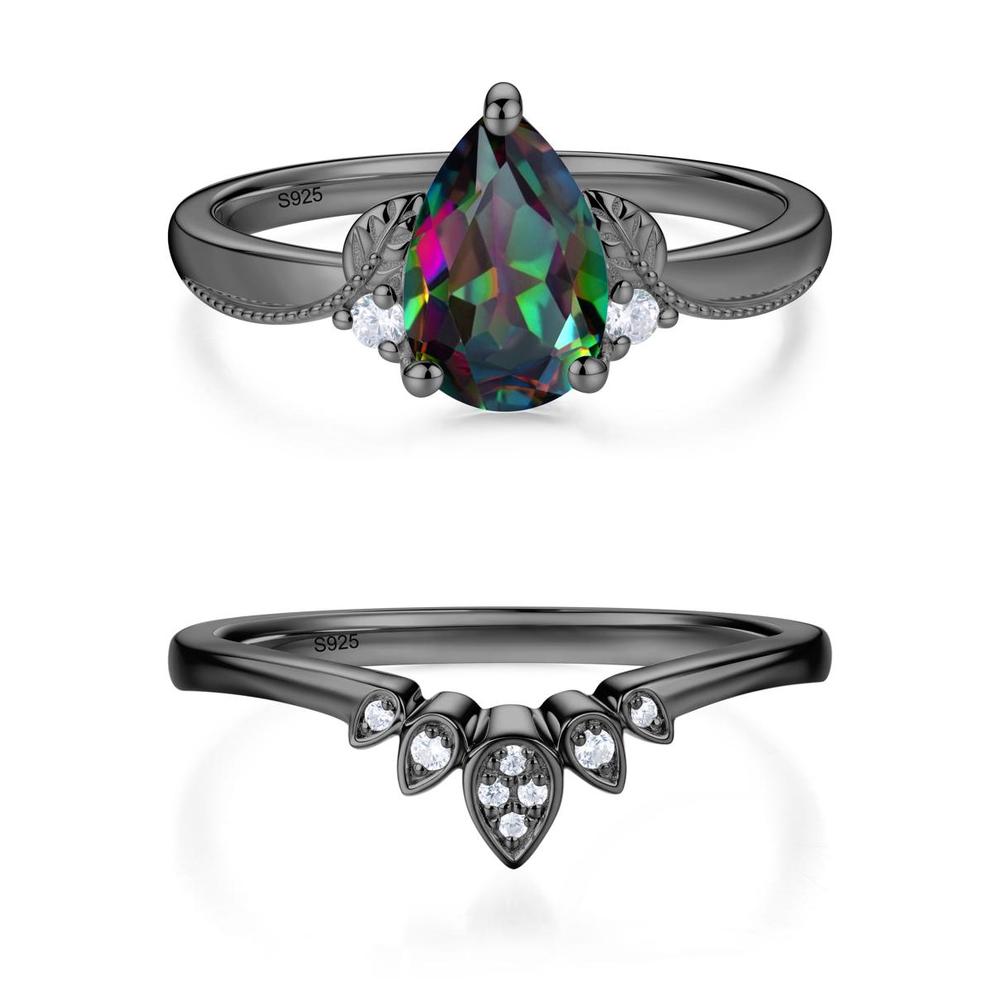 Vintage Pear Cut London Blue Topaz Leaf Ring Set - LUO Jewelry #gemstone_Mystic Topaz