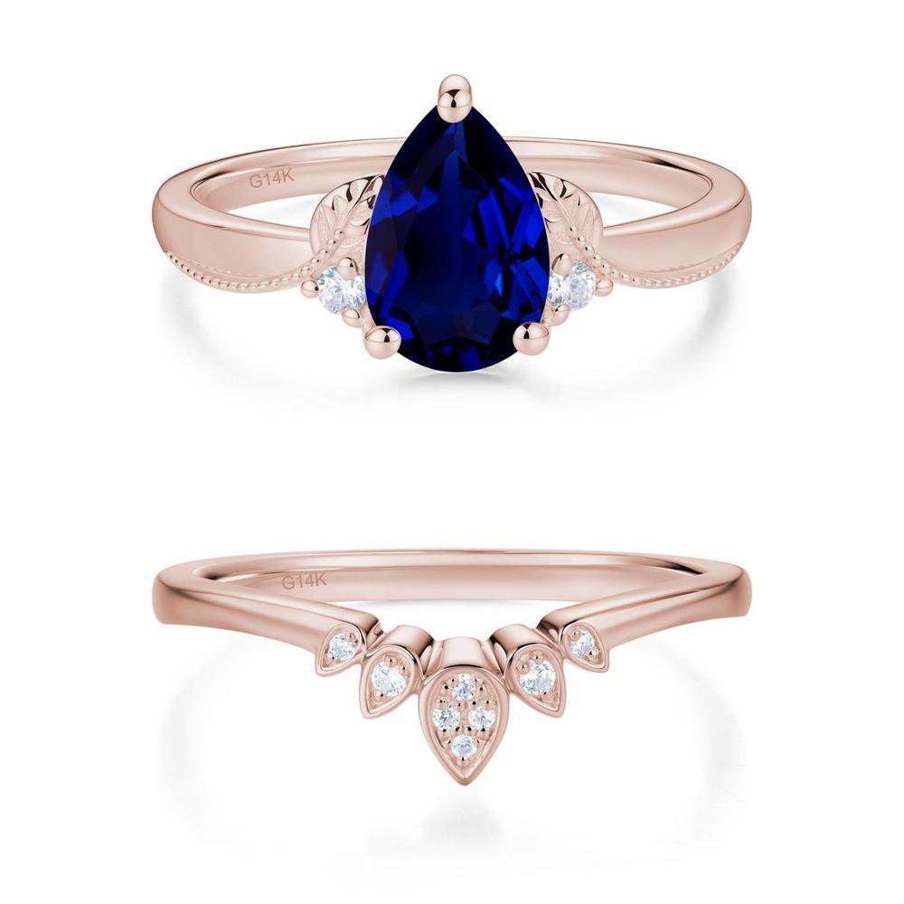 Vintage Pear Cut London Blue Topaz Leaf Ring Set - LUO Jewelry #gemstone_Sapphire