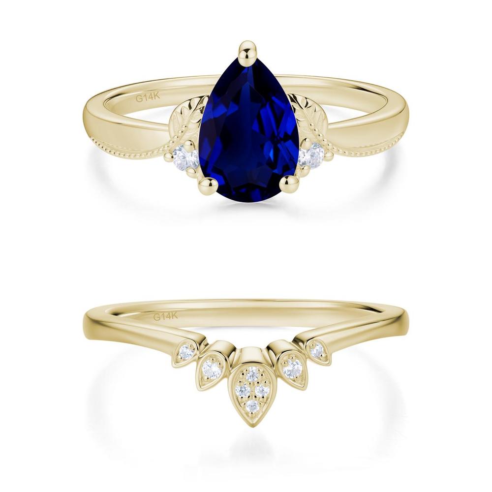 Vintage Pear Cut London Blue Topaz Leaf Ring Set - LUO Jewelry #gemstone_Sapphire