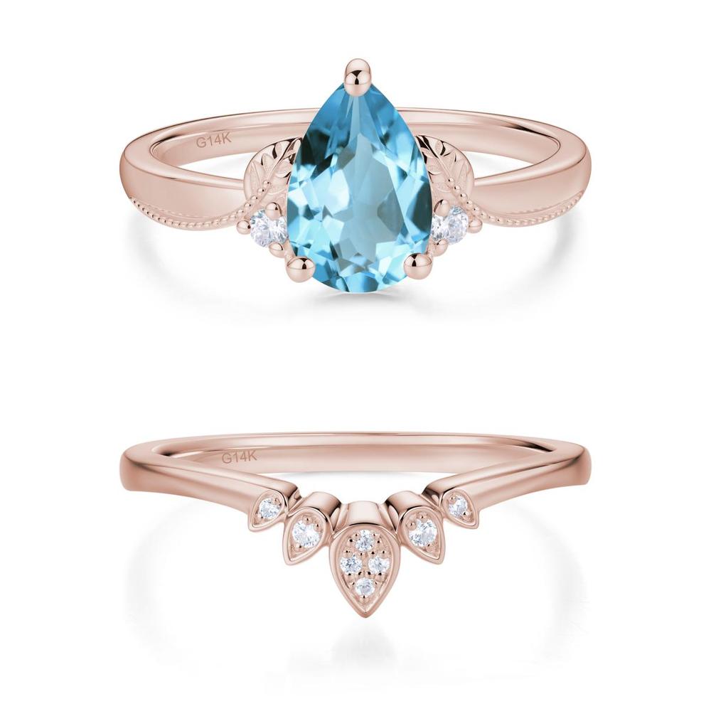 Vintage Pear Cut London Blue Topaz Leaf Ring Set - LUO Jewelry #gemstone_Swiss Blue Topaz