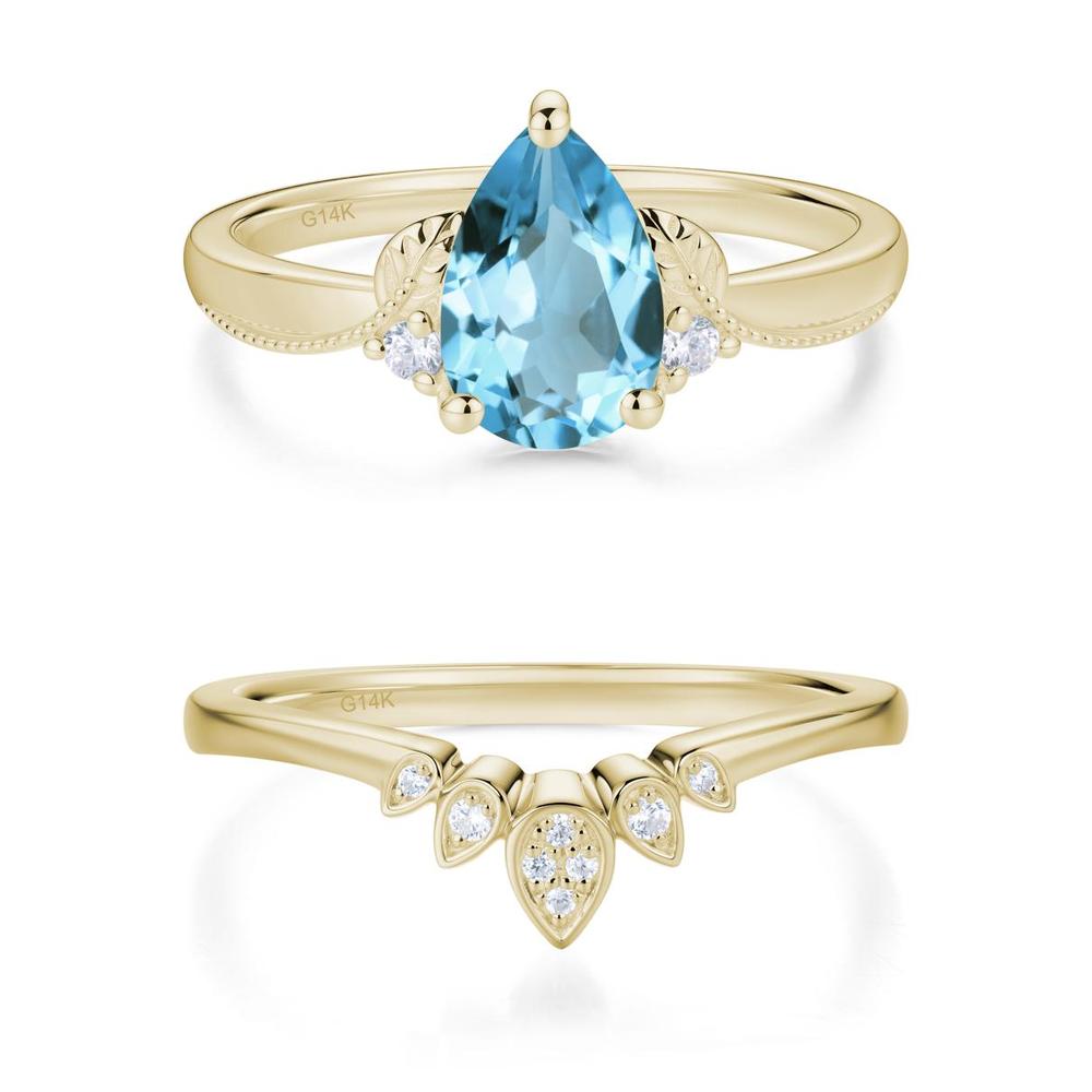 Vintage Pear Cut London Blue Topaz Leaf Ring Set - LUO Jewelry #gemstone_Swiss Blue Topaz