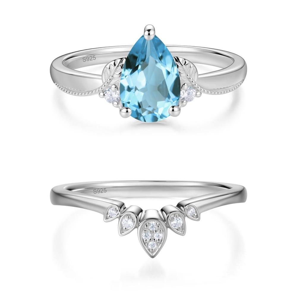 Vintage Pear Cut London Blue Topaz Leaf Ring Set - LUO Jewelry #gemstone_Swiss Blue Topaz