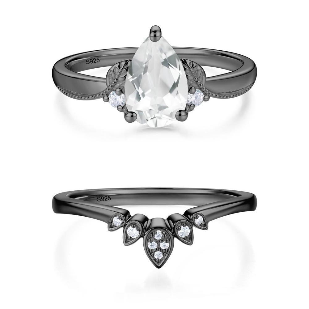 Vintage Pear Cut London Blue Topaz Leaf Ring Set - LUO Jewelry #gemstone_White Topaz