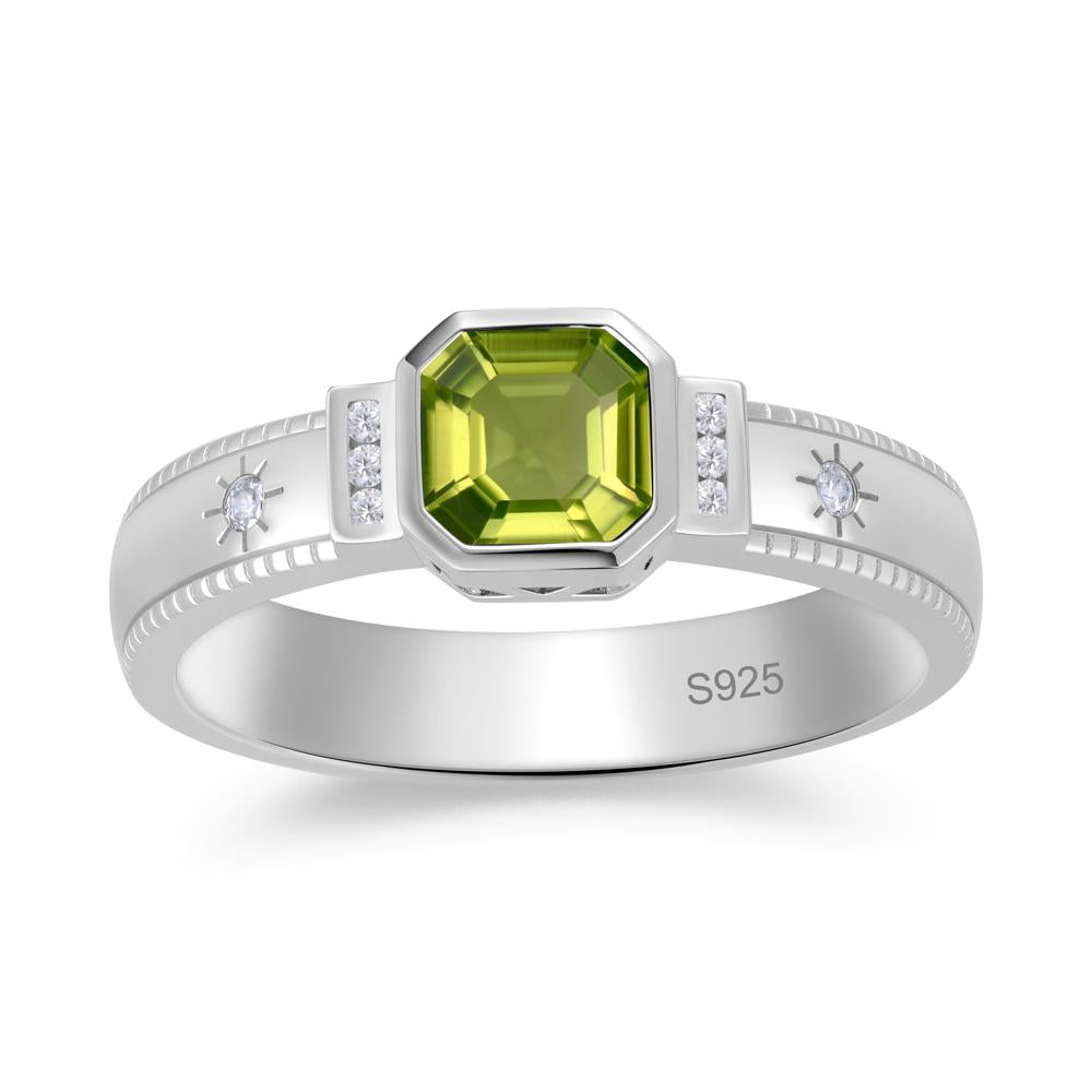 Vintage Asscher Cut Engraved Star Peridot Ring - LUO Jewelry #gemstone_Peridot
