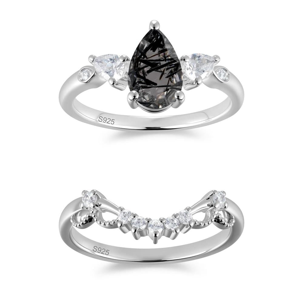 Victorian Milgrain Pear Cut Amethyst Ring Set - LUO Jewelry #gemstone_Black Rutilated Quartz