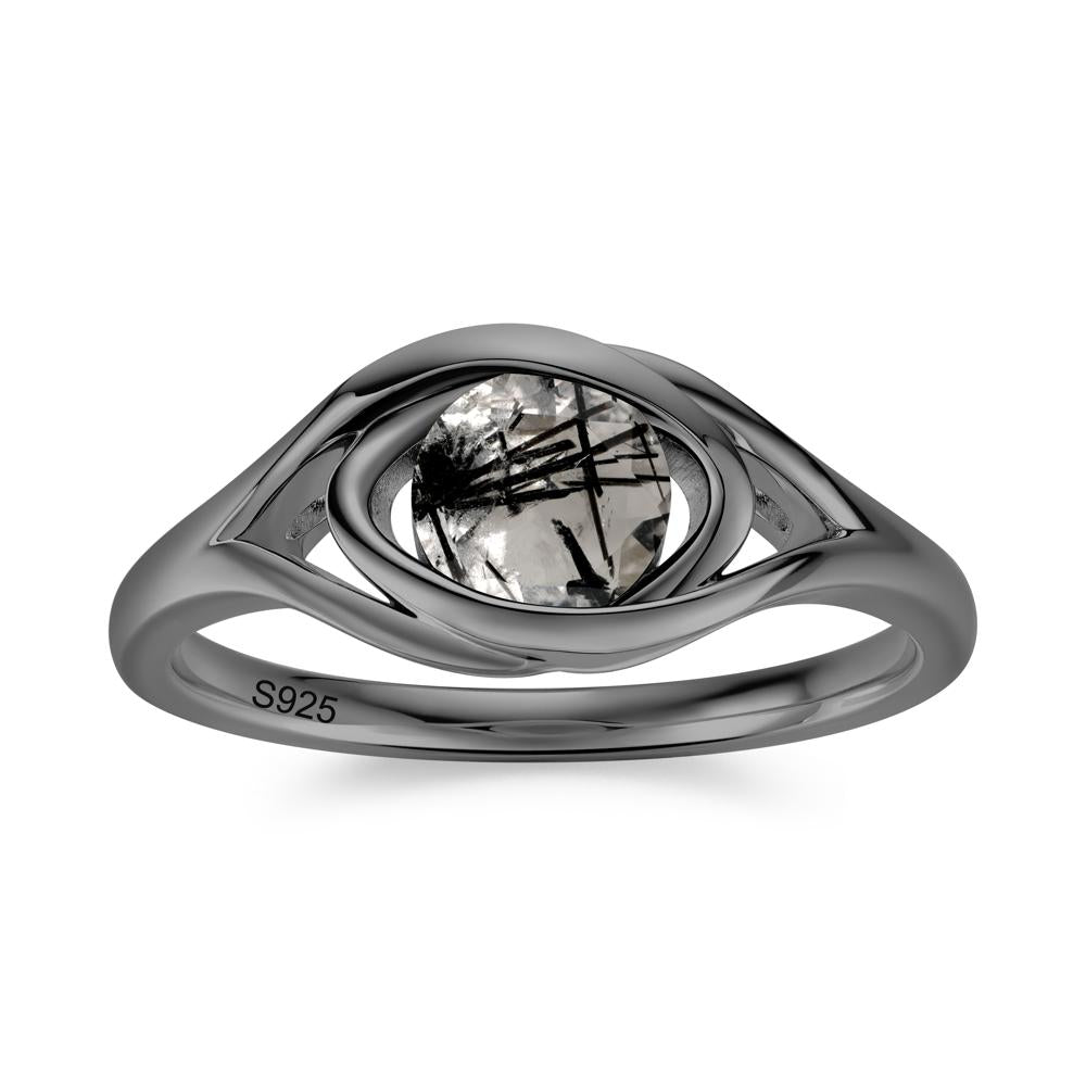 Round Cut Bezel London Blue Topaz Ring - LUO Jewelry #gemstone_Black Rutilated Quartz