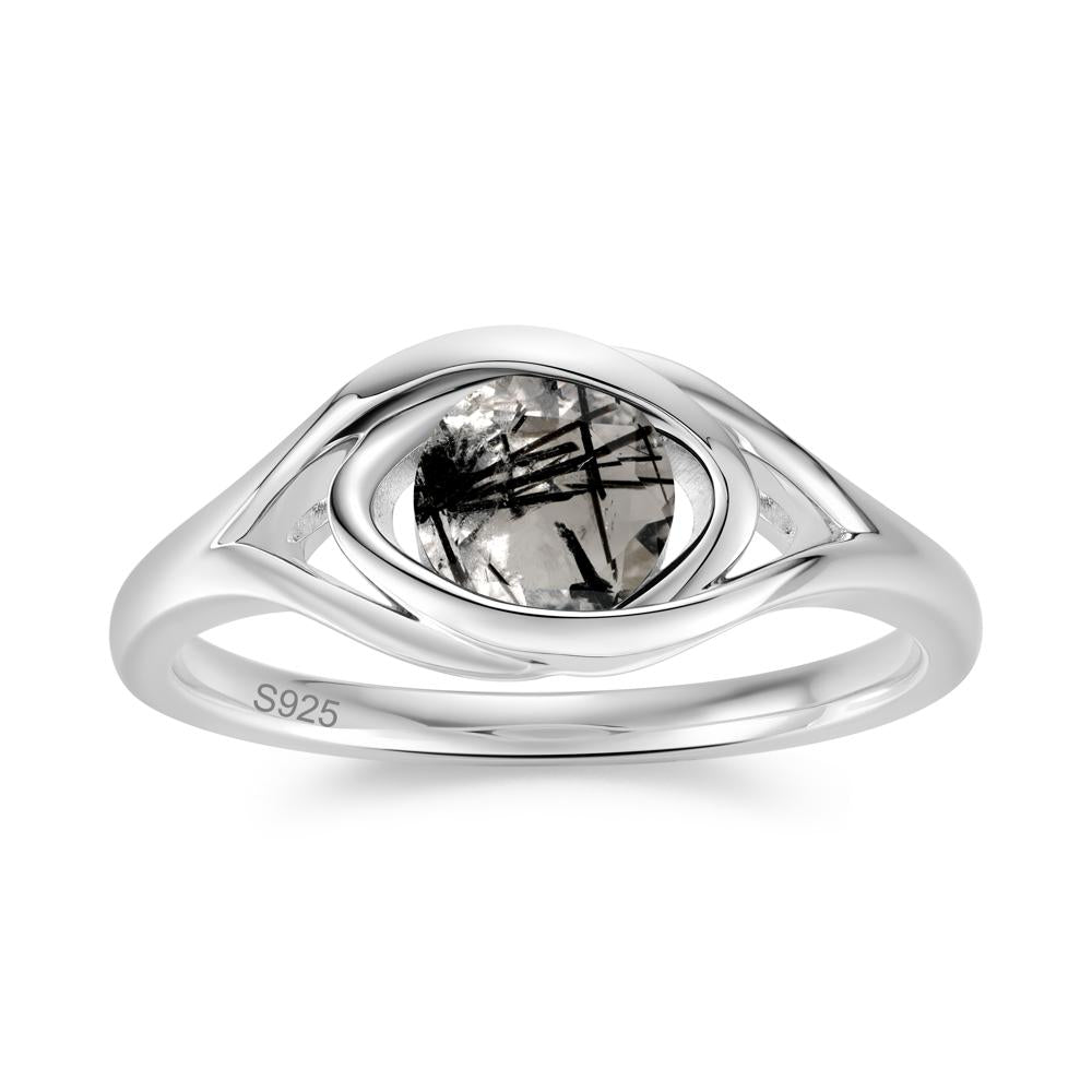 Round Cut Bezel London Blue Topaz Ring - LUO Jewelry #gemstone_Black Rutilated Quartz