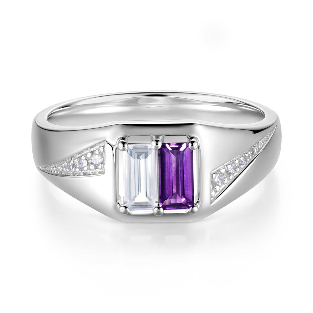 Dual Rectangular Cut Amethyst and Cubic Zirconia Ring for Him - LUO Jewelry #gemstone_Amethyst and Cubic Zirconia