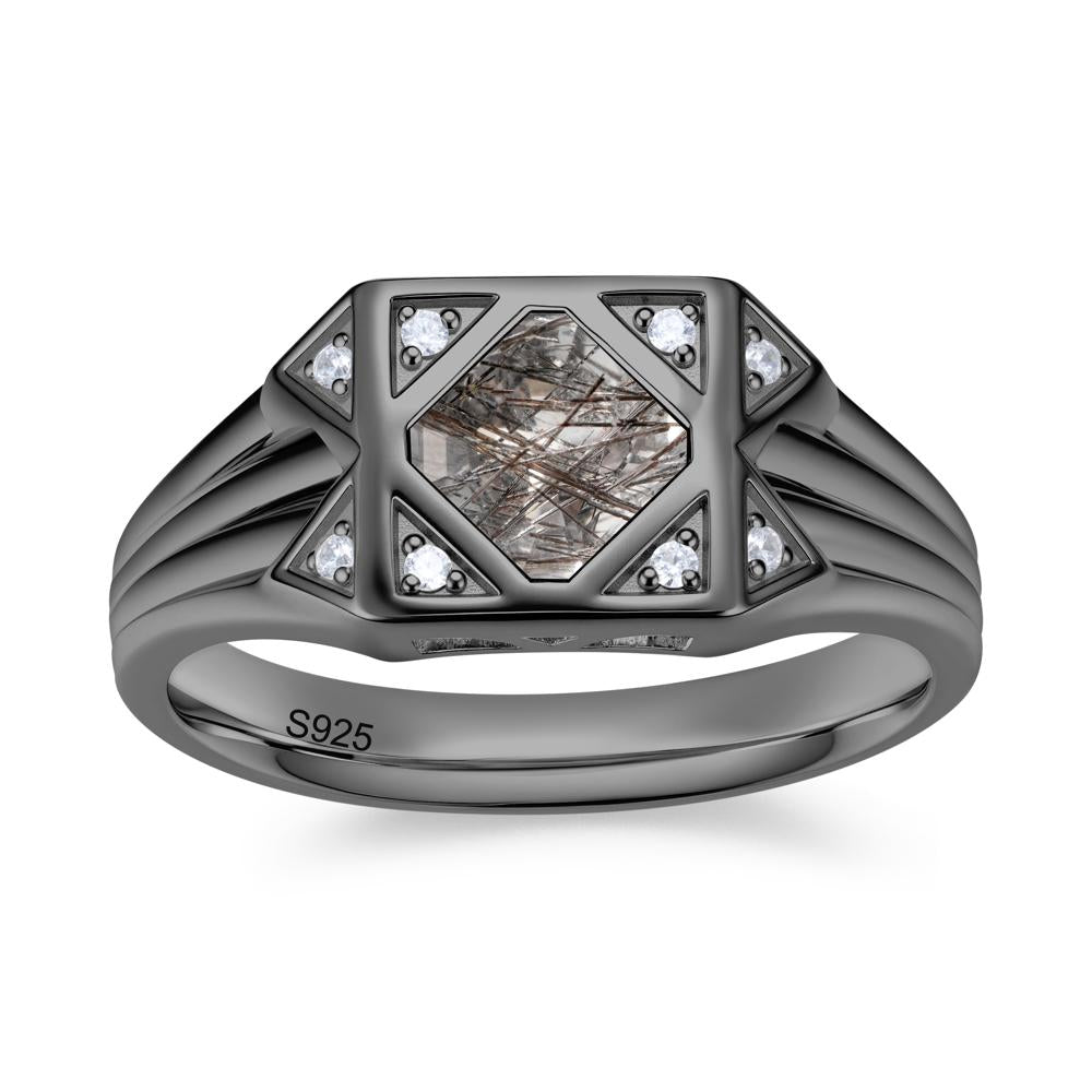 Asscher Cut Alexandrite Halo Men's Wide Band Ring - LUO Jewelry #gemstone_Black Rutilated Quartz
