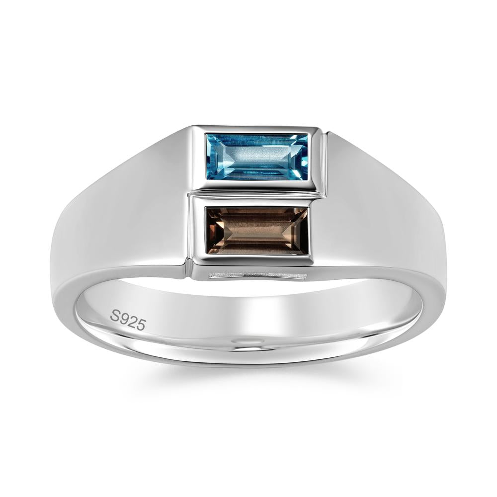 Toi Et Moi Sapphire and White Topaz Wide Band Ring for Mens - LUO Jewelry #gemstone_London Blue Topaz and Smoky Quartz