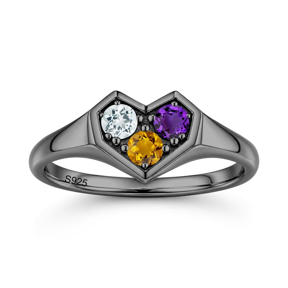 Minimalist Heart Shaped Aquamarine and Garnet and Sapphire Three Stone Ring - LUO Jewelry #gemstone_Amethyst and Aquamarine and Citrine