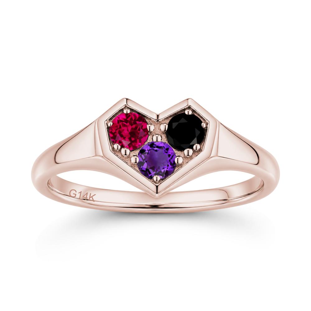 Minimalist Heart Shaped Aquamarine and Garnet and Sapphire Three Stone Ring - LUO Jewelry #gemstone_Amethyst and Black Spinel and Ruby