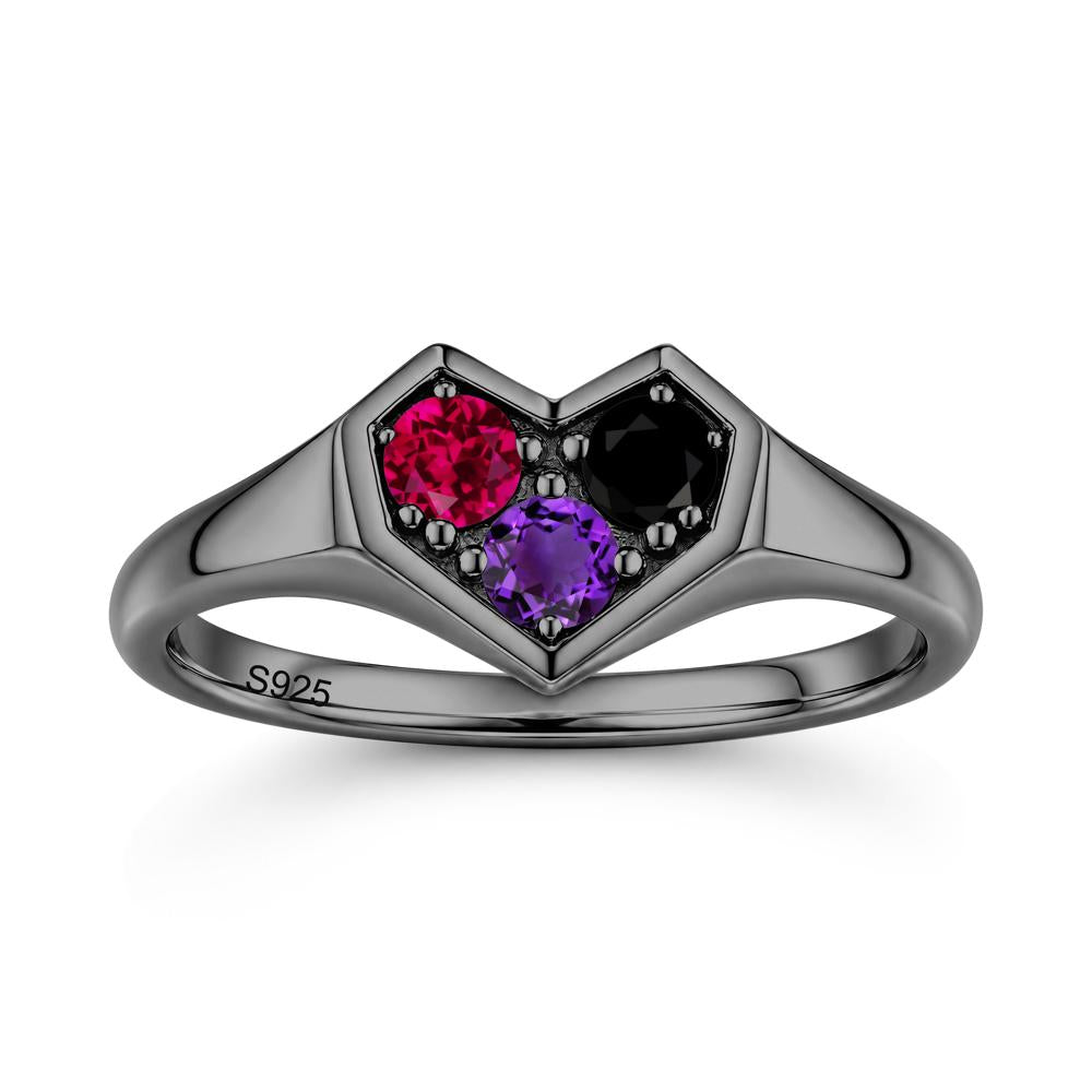 Minimalist Heart Shaped Aquamarine and Garnet and Sapphire Three Stone Ring - LUO Jewelry #gemstone_Amethyst and Black Spinel and Ruby