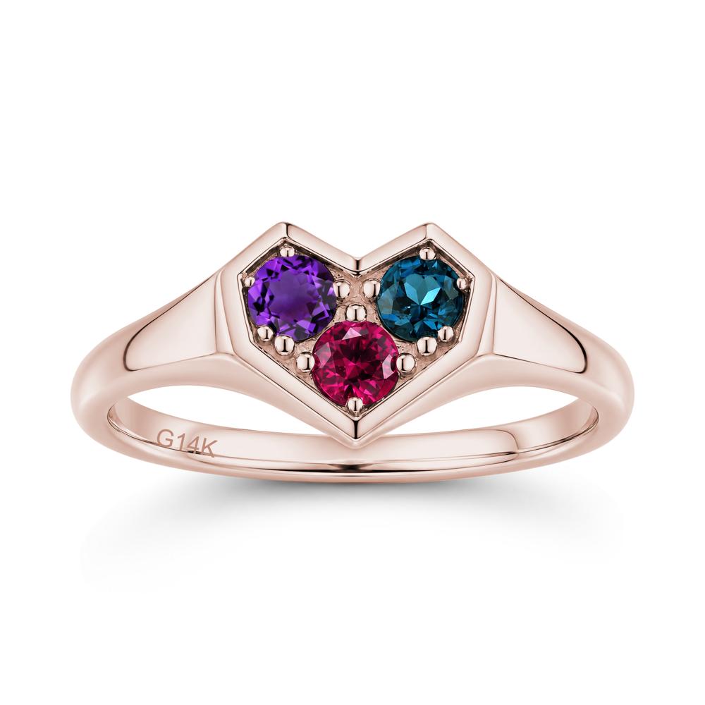 Minimalist Heart Shaped Aquamarine and Garnet and Sapphire Three Stone Ring - LUO Jewelry #gemstone_Amethyst and London Blue Topaz and Ruby