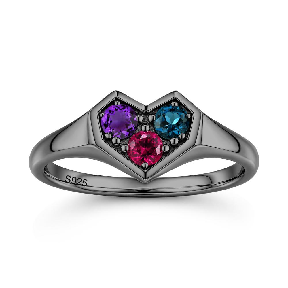 Minimalist Heart Shaped Aquamarine and Garnet and Sapphire Three Stone Ring - LUO Jewelry #gemstone_Amethyst and London Blue Topaz and Ruby