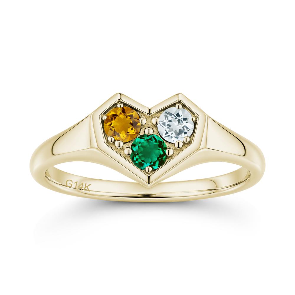 Minimalist Heart Shaped Aquamarine and Garnet and Sapphire Three Stone Ring - LUO Jewelry #gemstone_Aquamarine and Citrine and Emerald