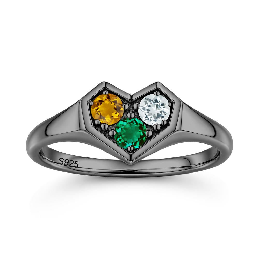 Minimalist Heart Shaped Aquamarine and Garnet and Sapphire Three Stone Ring - LUO Jewelry #gemstone_Aquamarine and Citrine and Emerald