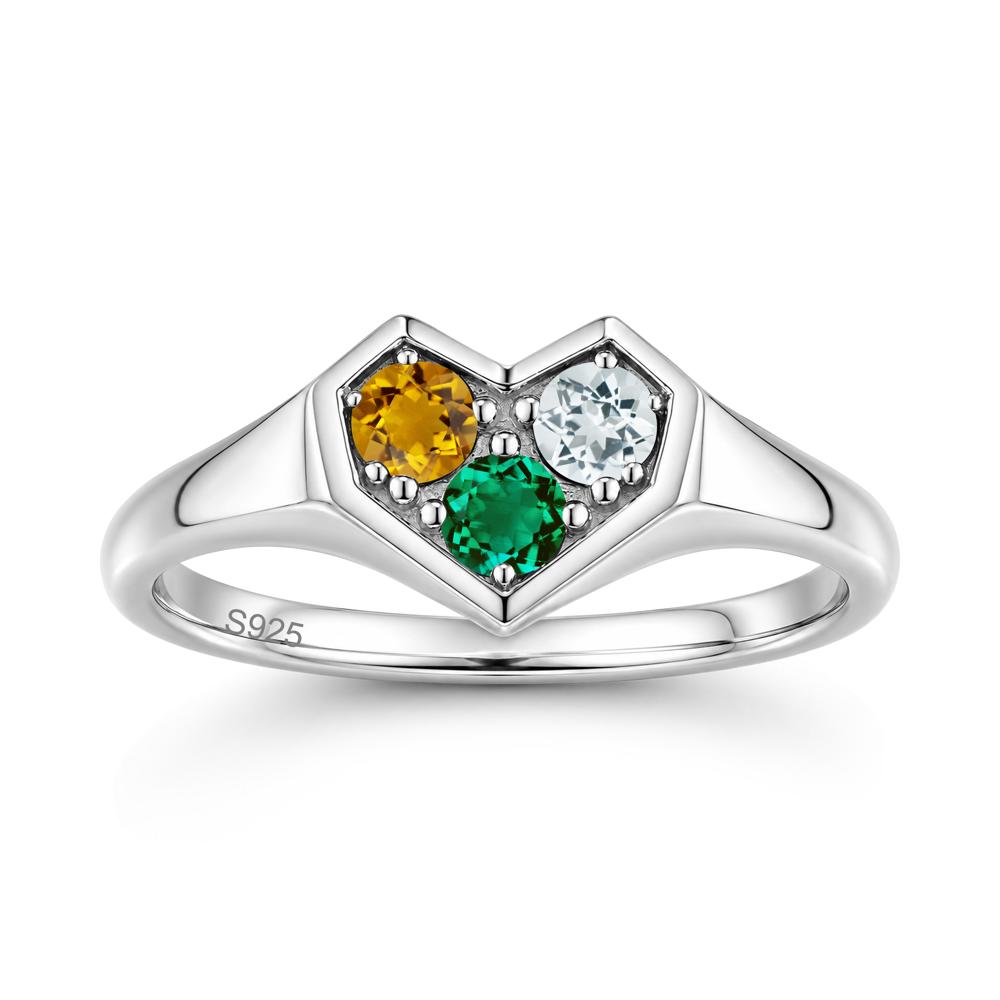 Minimalist Heart Shaped Aquamarine and Garnet and Sapphire Three Stone Ring - LUO Jewelry #gemstone_Aquamarine and Citrine and Emerald