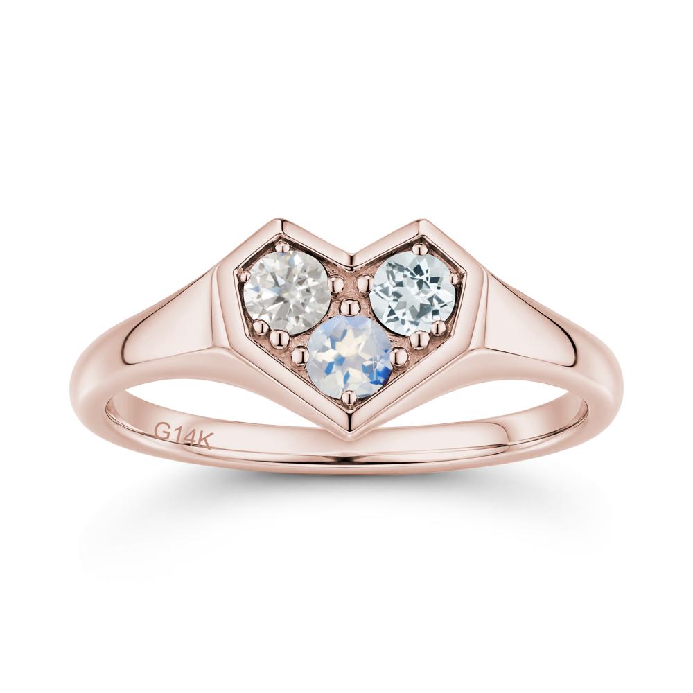 Minimalist Heart Shaped Aquamarine and Garnet and Sapphire Three Stone Ring - LUO Jewelry #gemstone_Aquamarine and Cubic Zirconia and Moonstone