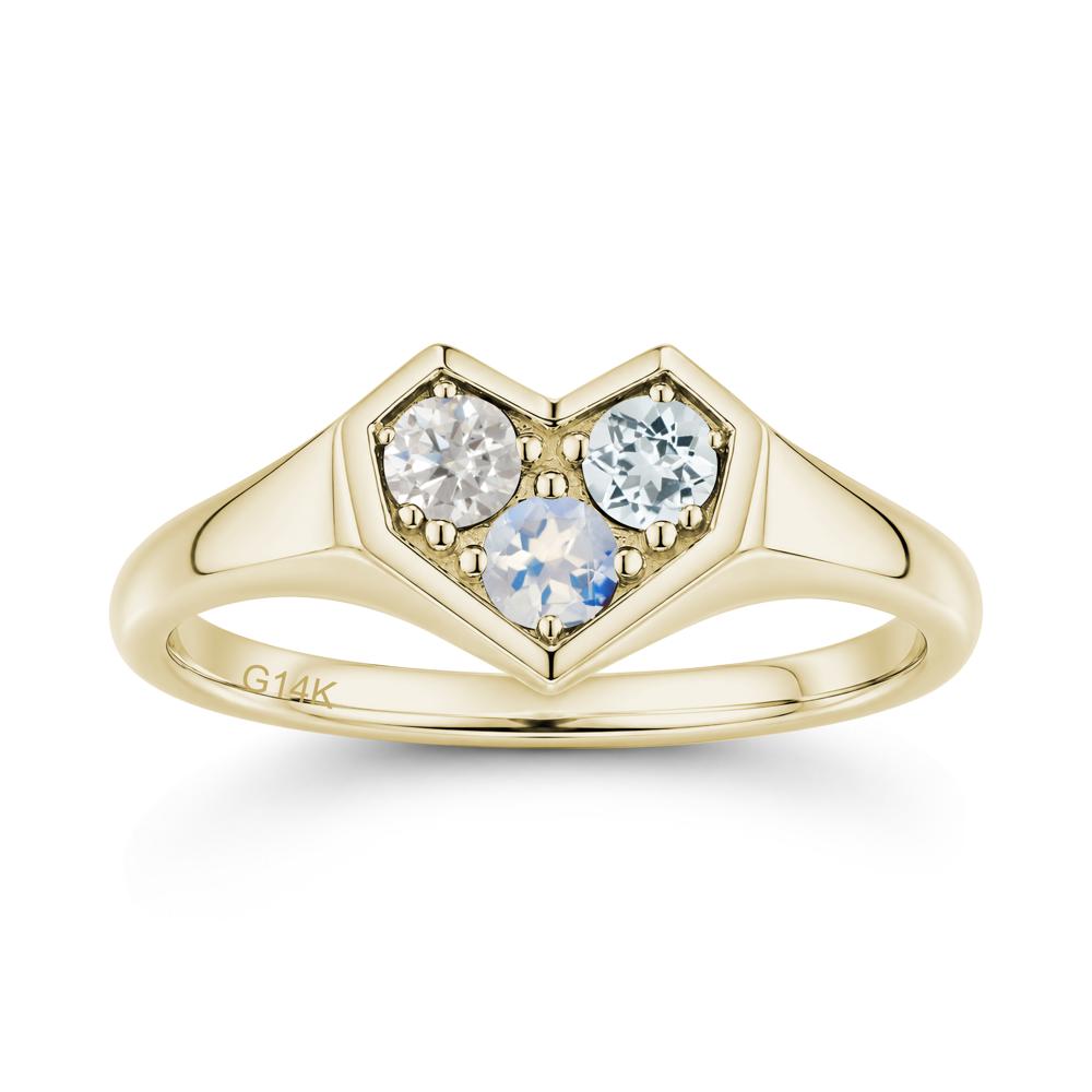 Minimalist Heart Shaped Aquamarine and Garnet and Sapphire Three Stone Ring - LUO Jewelry #gemstone_Aquamarine and Cubic Zirconia and Moonstone