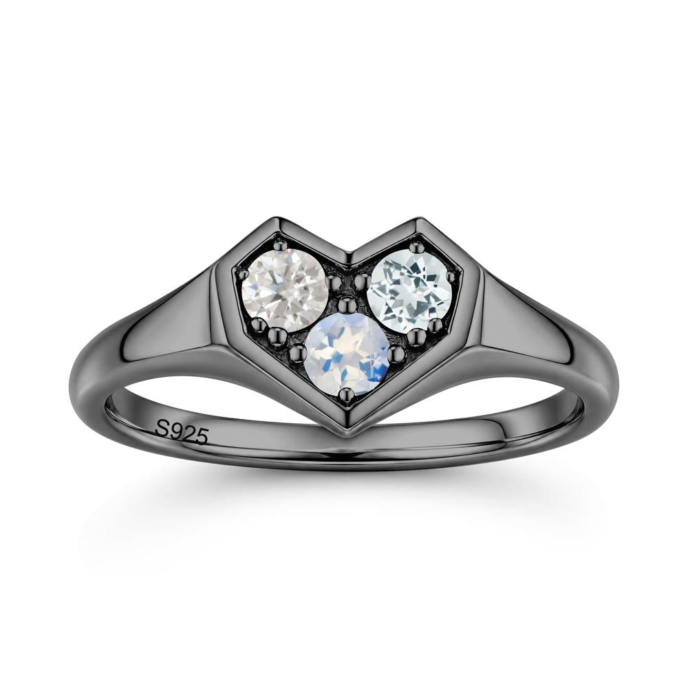 Minimalist Heart Shaped Aquamarine and Garnet and Sapphire Three Stone Ring - LUO Jewelry #gemstone_Aquamarine and Cubic Zirconia and Moonstone