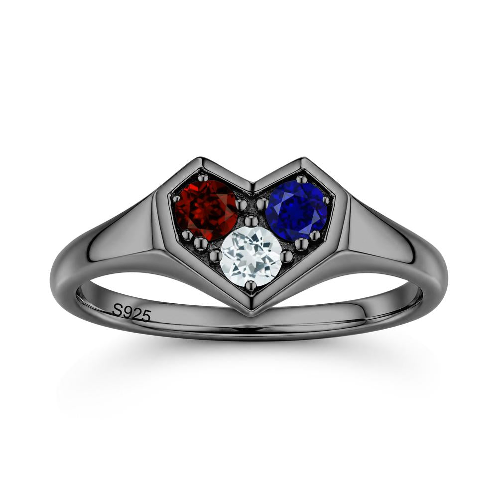 Minimalist Heart Shaped Aquamarine and Garnet and Sapphire Three Stone Ring - LUO Jewelry #gemstone_Aquamarine and Garnet and Sapphire