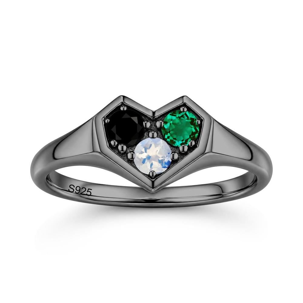 Minimalist Heart Shaped Aquamarine and Garnet and Sapphire Three Stone Ring - LUO Jewelry #gemstone_Black Spinel and Emerald and Moonstone