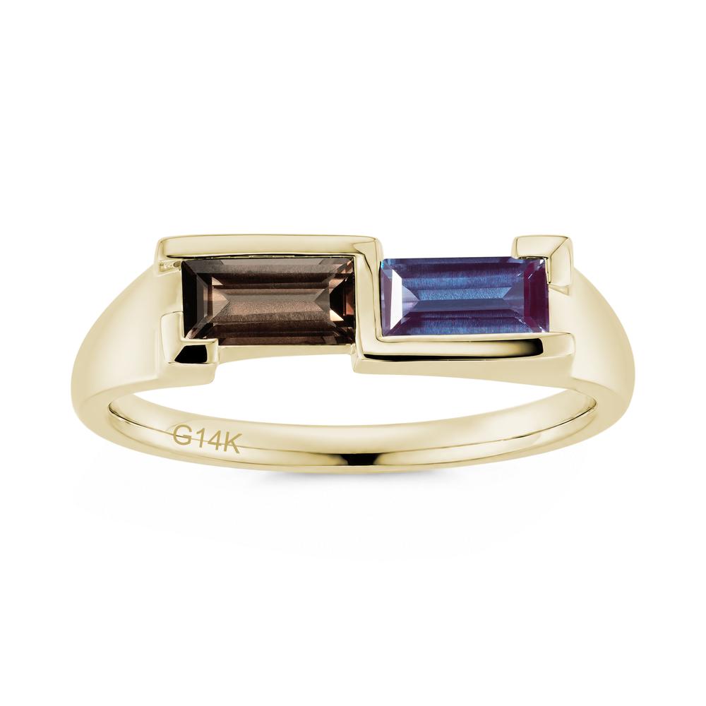 Toi Et Moi East West Baguette Cut London Blue Topaz and Swiss Blue Topaz Ring - LUO Jewelry #gemstone_Alexandrite and Smoky Quartz