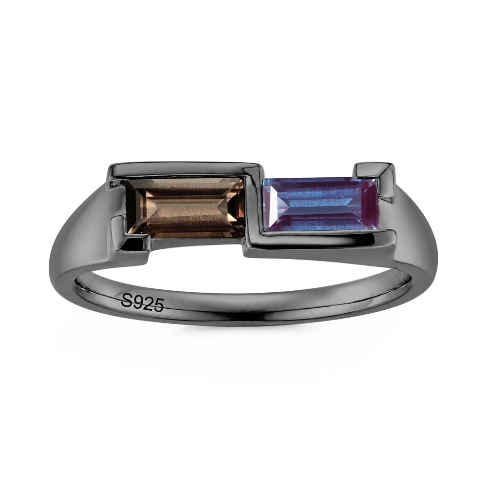 Toi Et Moi East West Baguette Cut London Blue Topaz and Swiss Blue Topaz Ring - LUO Jewelry #gemstone_Alexandrite and Smoky Quartz
