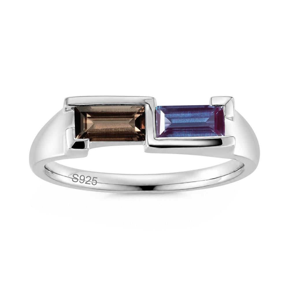 Toi Et Moi East West Baguette Cut London Blue Topaz and Swiss Blue Topaz Ring - LUO Jewelry #gemstone_Alexandrite and Smoky Quartz