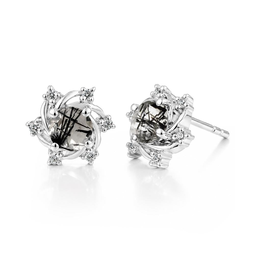 Swirl Flower Garnet Stud Earrings - LUO Jewelry #gemstone_Black Rutilated Quartz