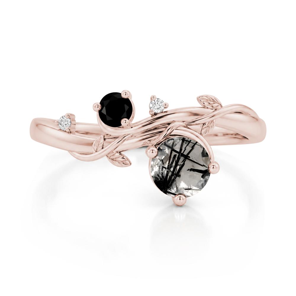 Toi Et Moi Two Stone Moissanite and Emerald Leaf Ring - LUO Jewelry #gemstone_Black Rutilated Quartz and Black Spinel